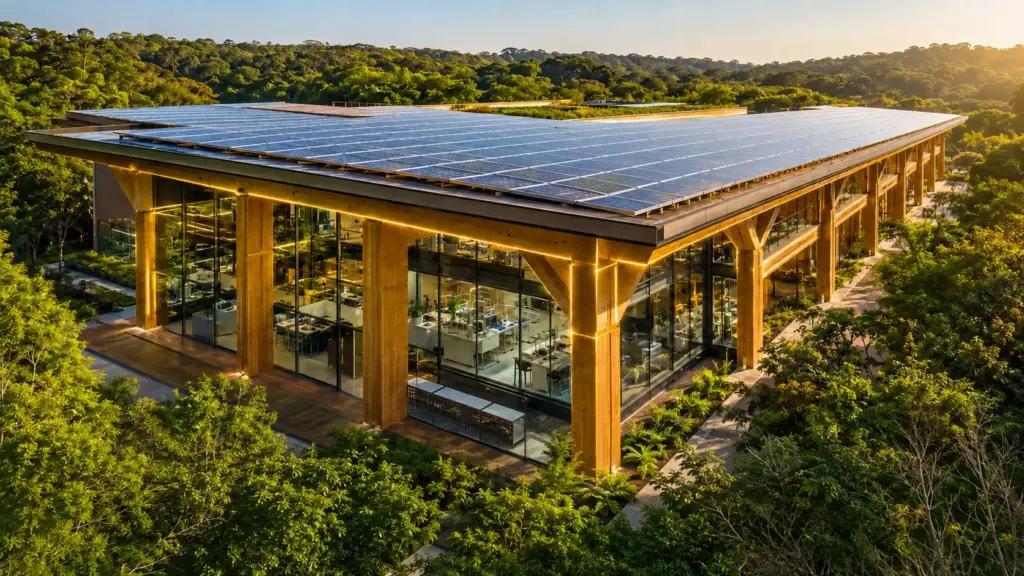 Sem pregos nem parafusos, prédio de 11 mil m² usa madeira colada com adesivos, preserva 38 mil m² de vegetação, recebe 580 painéis solares e conquista prêmio nacional de sustentabilidade Sem pregos nem parafusos, prédio de 11 mil m² usa madeira colada com adesivos, preserva 38 mil m² de vegetação, recebe 580 painéis solares e conquista prêmio nacional de sustentabilidade