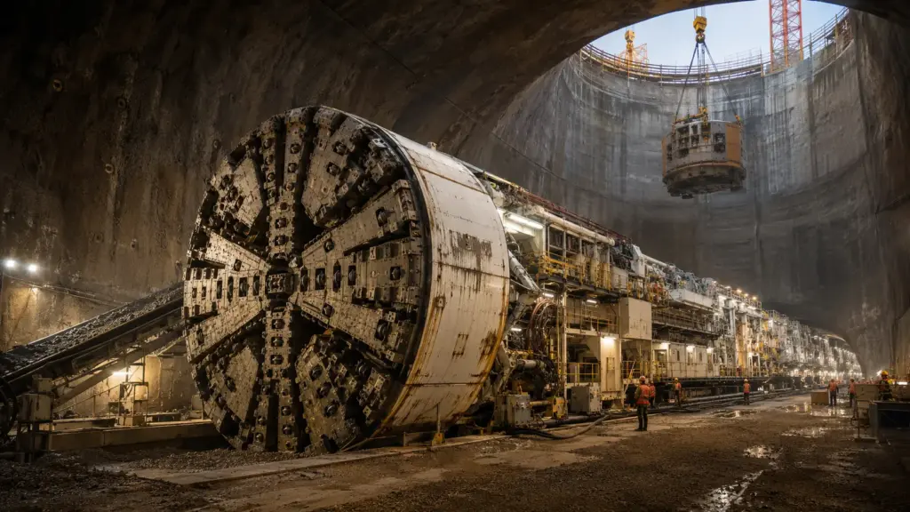 Tuneladora gigante de 215 metros ganha módulos de 30 toneladas, vira “fábrica móvel” sob Washington e avança em túnel de US$ 819 milhões que pretende reduzir em 93% os transbordamentos no rio Potomac