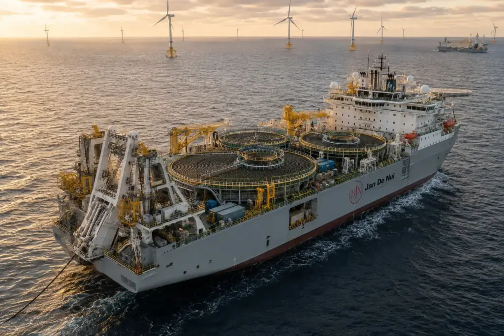 Jan De Nul lança navio gigante de 215 metros capaz de carregar 28 mil toneladas de cabos, operar a 4.000 metros de profundidade e instalar até 4 linhas simultaneamente para conectar megaprojetos eólicos no Mar do Norte