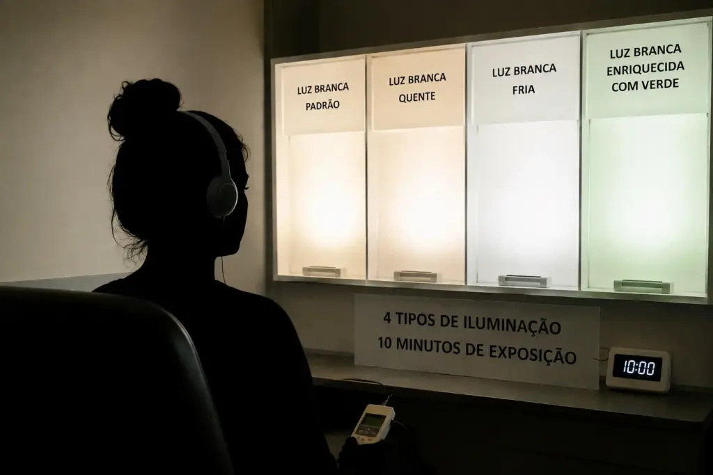 Pesquisadora que convive com enxaqueca desde os 5 anos troca a escuridão por luz branca enriquecida com verde, testa 4 tipos de iluminação por 10 minutos e encontra redução do desconforto visual e até pequena queda na intensidade da dor