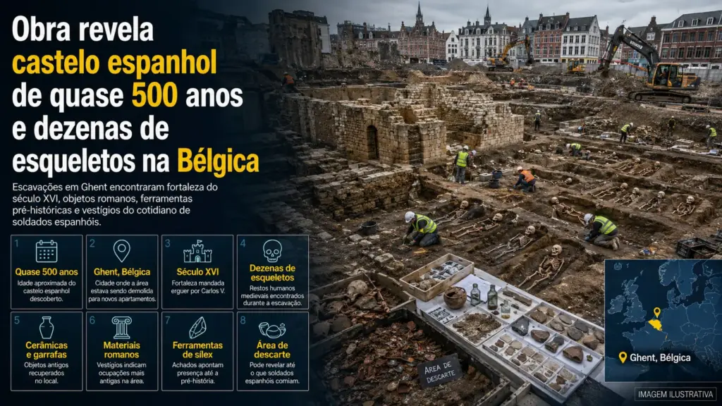 Operários demoliam área para construir apartamentos quando encontraram castelo espanhol de quase 500 anos, dezenas de esqueletos medievais e objetos que revelam ocupação até pré-histórica na Bélgica
