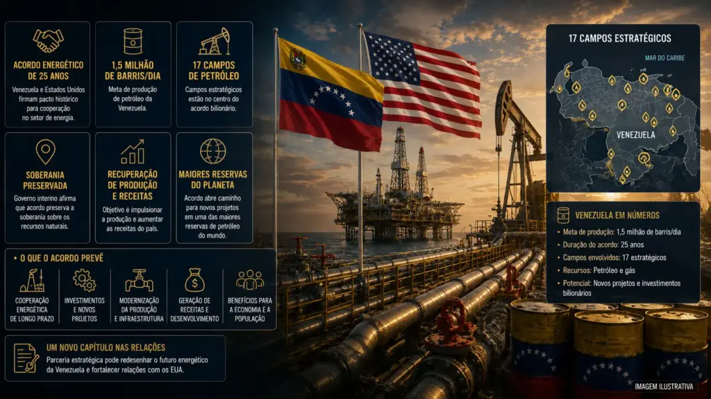 Venezuela fecha acordo energético de 25 anos com os Estados Unidos, mira produção de 1,5 milhão de barris por dia e coloca 17 campos de petróleo no centro de uma nova relação bilionária