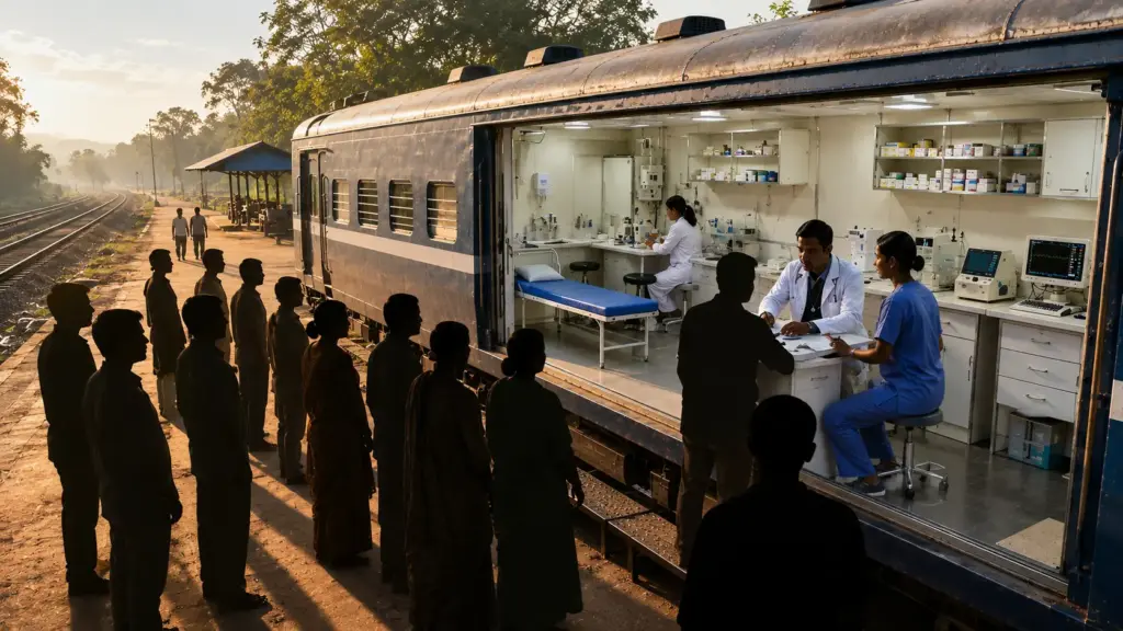 Ferrovia transforma vagão aposentado em hospital sobre trilhos, percorre rede de mais de 1.200 km e leva médicos, exames e medicamentos a 4.321 pessoas que enfrentavam até 3 horas de viagem Ferrovia transforma vagão aposentado em hospital sobre trilhos, percorre rede de mais de 1.200 km e leva médicos, exames e medicamentos a 4.321 pessoas que enfrentavam até 3 horas de viagem