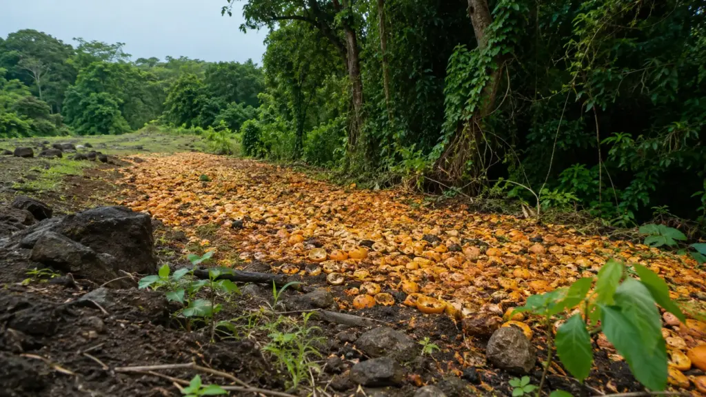 O que aconteceu com as 12 mil toneladas de cascas de laranja despejadas por mil caminhões em uma área degradada nesse país? Depois de 16 anos sem acompanhamento, pesquisadores encontraram uma floresta tão densa que até a placa do experimento desapareceu entre árvores e cipós, enquanto análises revelaram solo mais rico, maior diversidade vegetal e crescimento de 176% na biomassa acima do solo O que aconteceu com as 12 mil toneladas de cascas de laranja despejadas por mil caminhões em uma área degradada nesse país? Depois de 16 anos sem acompanhamento, pesquisadores encontraram uma floresta tão densa que até a placa do experimento desapareceu entre árvores e cipós, enquanto análises revelaram solo mais rico, maior diversidade vegetal e crescimento de 176% na biomassa acima do solo