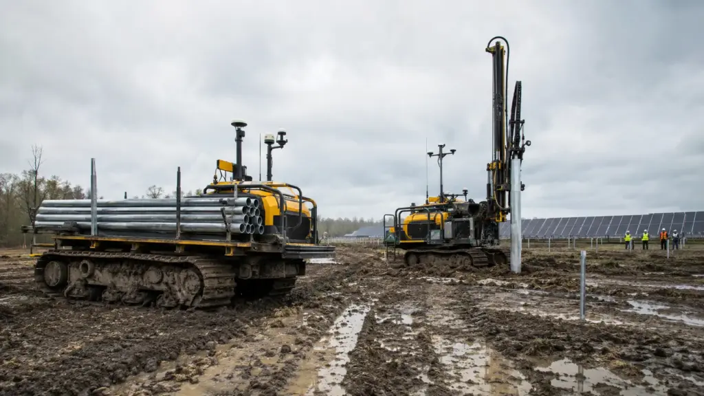 Em meio à falta de operadores, terreno pantanoso vira campo de trabalho para dez máquinas autônomas de 72 toneladas, que carregam vigas de 90 quilos e cravam quase mil estacas por dia em usina solar ligada à Meta
