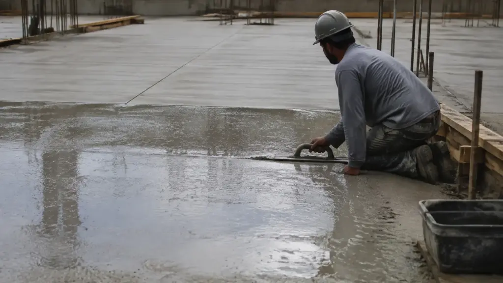 Em vez de alisar o concreto enquanto ainda existe água na superfície, acabamento deve esperar marca de 3 a 6 milímetros — cimento seco pode enfraquecer o piso e juntas rasas deixam fissuras fora de controle