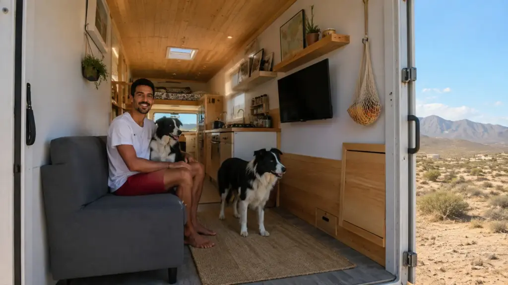 Aos 38 anos, espanhol transforma caminhão em casa, passa 7 anos sem pagar aluguel nem conta de luz e troca despesas fixas pela liberdade de viajar com seus cães
