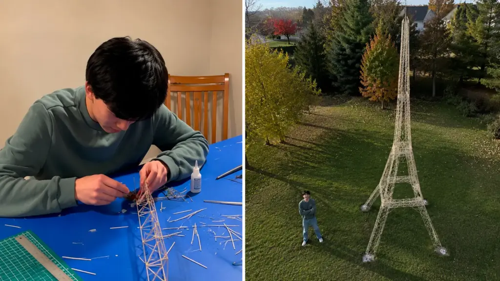 Aos 16 anos, jovem transforma milhares de palitos de dente em Torre Eiffel gigante de 5,28 metros, passa meses montando estrutura no quintal e entra para o Guinness