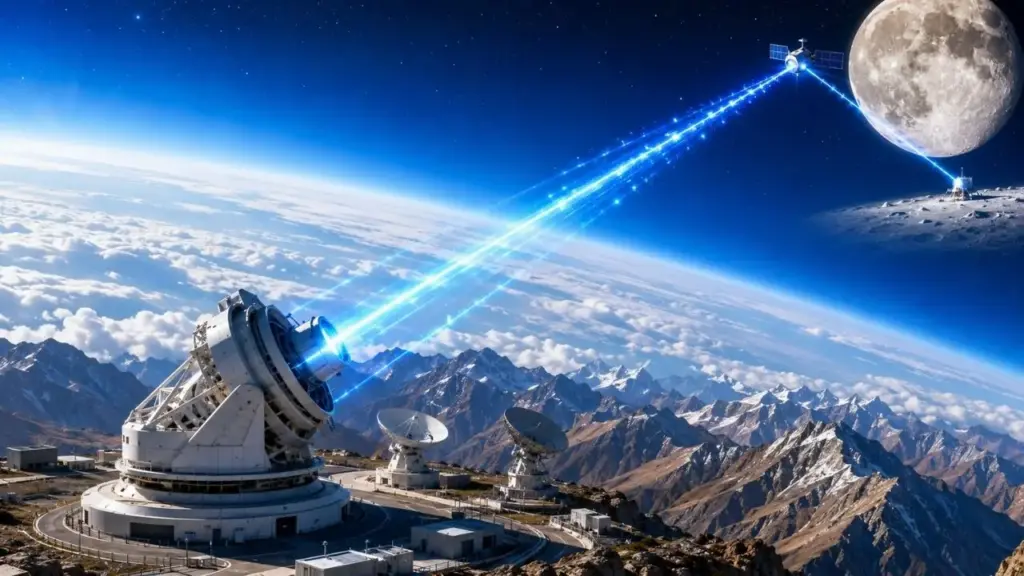 China cria uma “rodovia de dados” a laser entre a Terra e a Lua por mais de 400 mil quilômetros, alcança 100 Mbps e mostra que uma imagem 8K, que levaria até 5 minutos por micro-ondas, pode chegar em cerca de 12 segundos com a nova tecnologia espacial China cria uma “rodovia de dados” a laser entre a Terra e a Lua por mais de 400 mil quilômetros, alcança 100 Mbps e mostra que uma imagem 8K, que levaria até 5 minutos por micro-ondas, pode chegar em cerca de 12 segundos com a nova tecnologia espacial