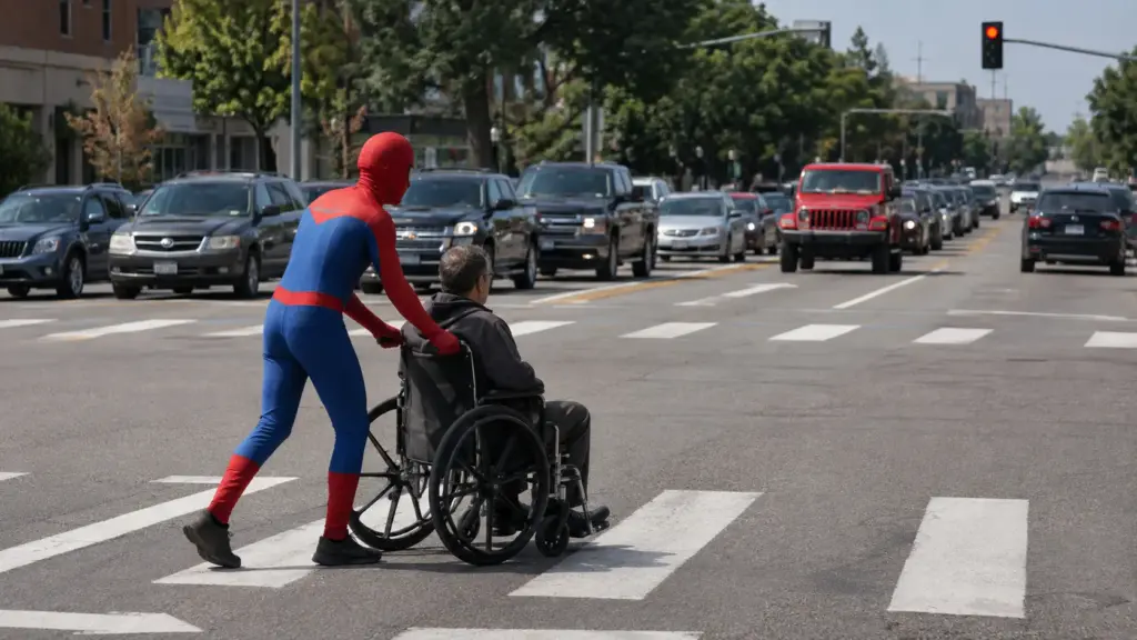 Jovem de 20 anos vestido de Homem Aranha sai do carro parado no semáforo, atravessa seis faixas e salva cadeirante segundos antes de o trânsito avançar nos Estados Unidos