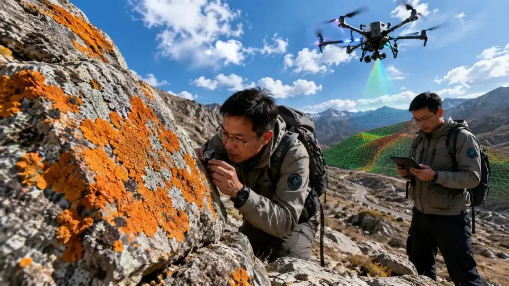 Cientistas chineses descobriram que um líquen laranja pode denunciar terras raras escondidas em rochas, após ligar sua presença a carbonatos ricos nesses minerais; agora, drones e sensores hiperespectrais podem transformar uma crosta vista em muros, trilhas e jardins em pista para novas jazidas
