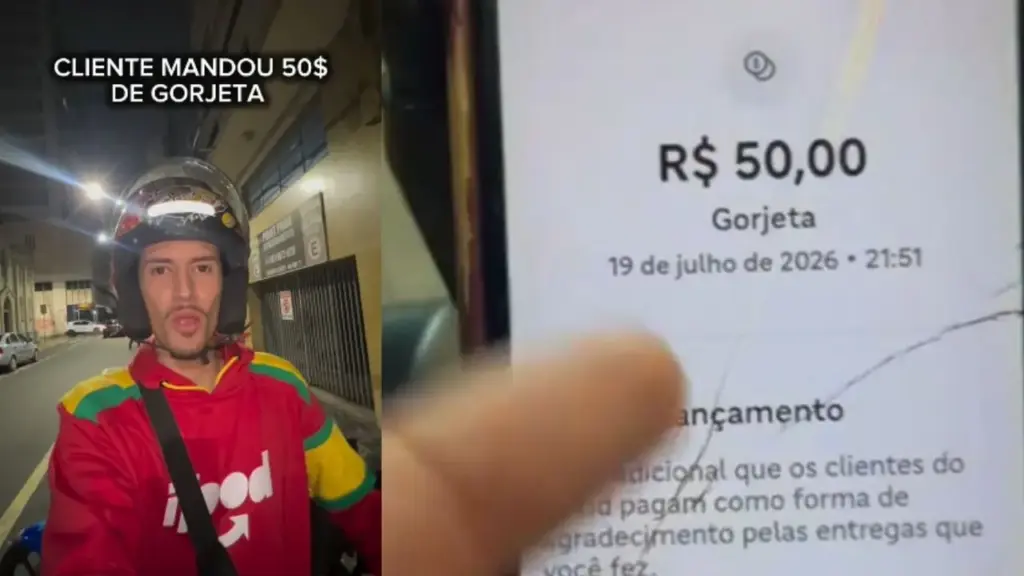Cliente dorme enquanto motoboy espera 20 minutos na porta para fazer entrega, aparece depois de várias tentativas no interfone e ainda precisa voltar ao apartamento após o cartão falhar, mas surpreende o trabalhador no fim ao reconhecer a paciência dele com uma gorjeta de R$ 50