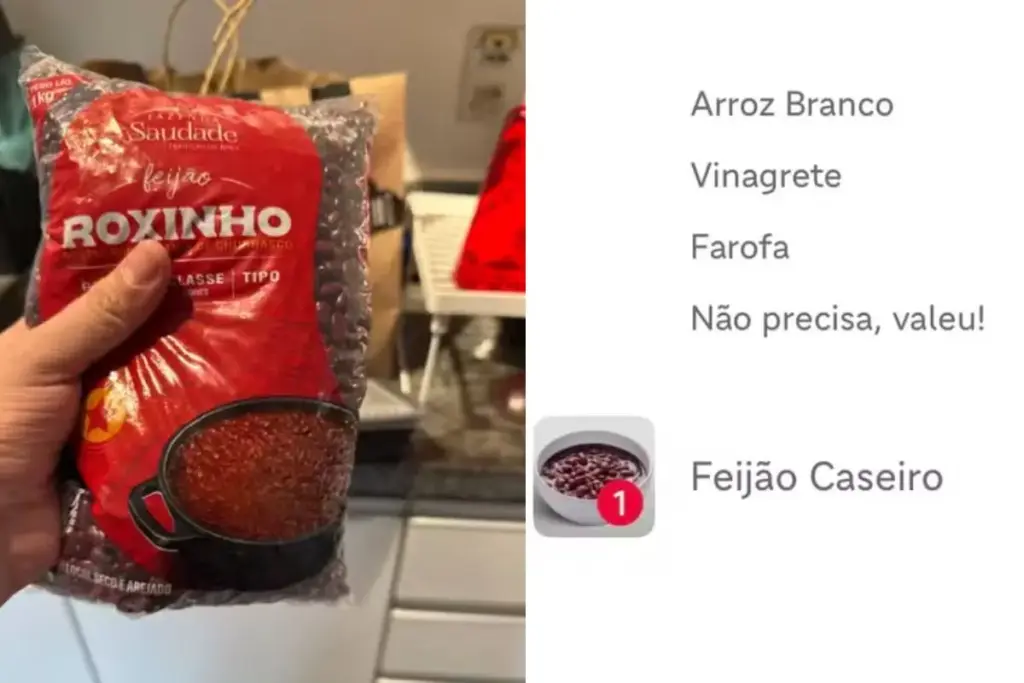 Cliente pede “feijão caseiro” no delivery e recebe pacote fechado do alimento para preparar em casa, segundo relato publicado nas redes; após não conseguir reembolso, compartilha prints da conversa e transforma o erro inusitado em postagem vista quase 1 milhão de vezes
