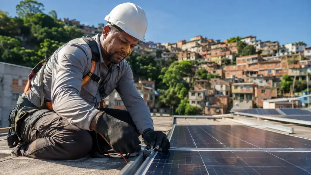 Com apenas a 6ª série no currículo, migrante conclui os estudos, vira primeiro instalador de energia solar em favelas do Rio, reduz em 30% a conta de 35 famílias e forma novos profissionais