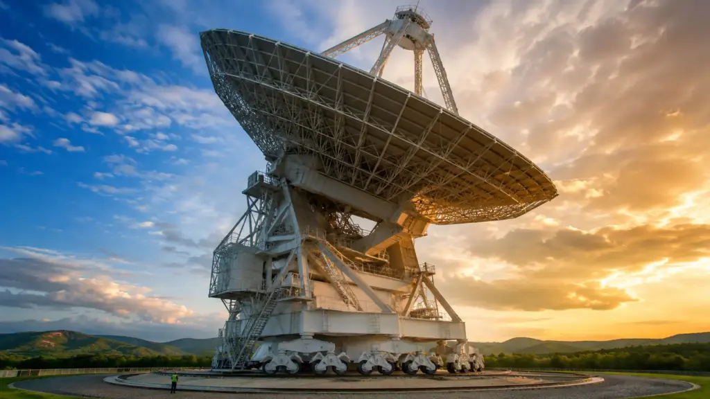 Gigante de quase 7.700 toneladas usa somente 16 rodas para girar uma antena de 100 metros, alcançar cerca de 85% do céu e apontar para o espaço com precisão astronômica