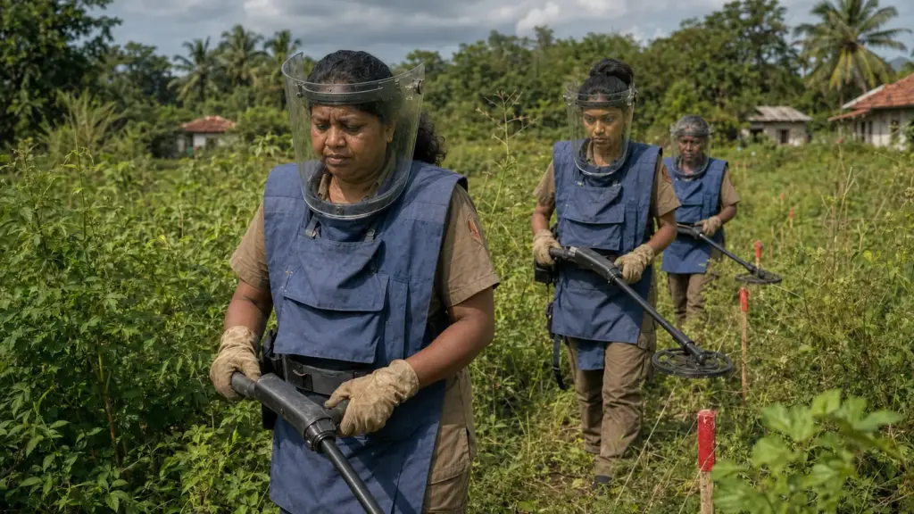 Com viseiras e detectores nas mãos, 322 mulheres entraram em terrenos bloqueados por explosivos no Sri Lanka, integraram uma equipe de 692 desminadores e conquistaram renda enquanto liberavam áreas para moradia e agricultura