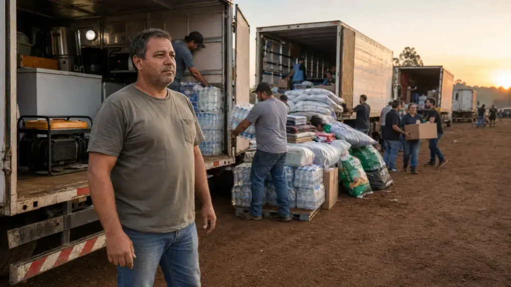Caminhoneiro transforma mobilização iniciada durante missa em comboio humanitário, parte de Sidrolândia com caminhão-cozinha e quatro carretas para percorrer 1.257 km e levar 25 toneladas de alimentos e 20 mil litros de água ao RS
