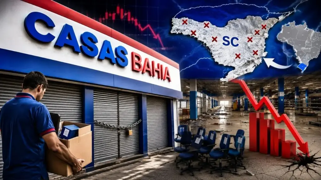 Crise das Casas Bahia chegou a Santa Catarina com o fechamento de 18 das 23 lojas da rede no Estado, incluindo as duas unidades de Blumenau, enquanto o grupo reduziu 298 operações em todo o país, cortou 1,9 mil postos de trabalho e enfrenta prejuízo de quase R$ 1,1 bilhão no primeiro trimestre de 2026