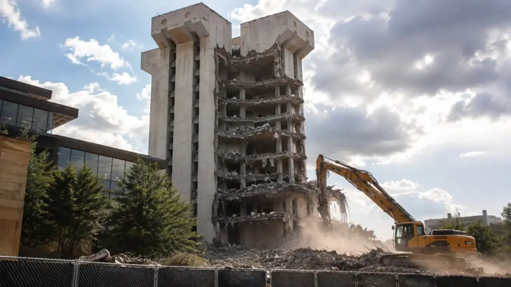 Torre brutalista de 17 andares erguida em apenas 18 dias com concreto despejado sem parar começa a ser desmontada em seções numa operação planejada para durar 10 meses Torre brutalista de 17 andares erguida em apenas 18 dias com concreto despejado sem parar começa a ser desmontada em seções numa operação planejada para durar 10 meses