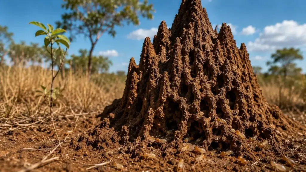 Cupins com menos de 1 cm constroem no Cerrado um “ar-condicionado” natural que mantém o cupinzeiro a cerca de 23 °C enquanto a temperatura externa passa dos 30 °C de dia e cai a 11 °C à noite, usando uma rede de túneis que pode inspirar prédios mais frescos sem eletricidade