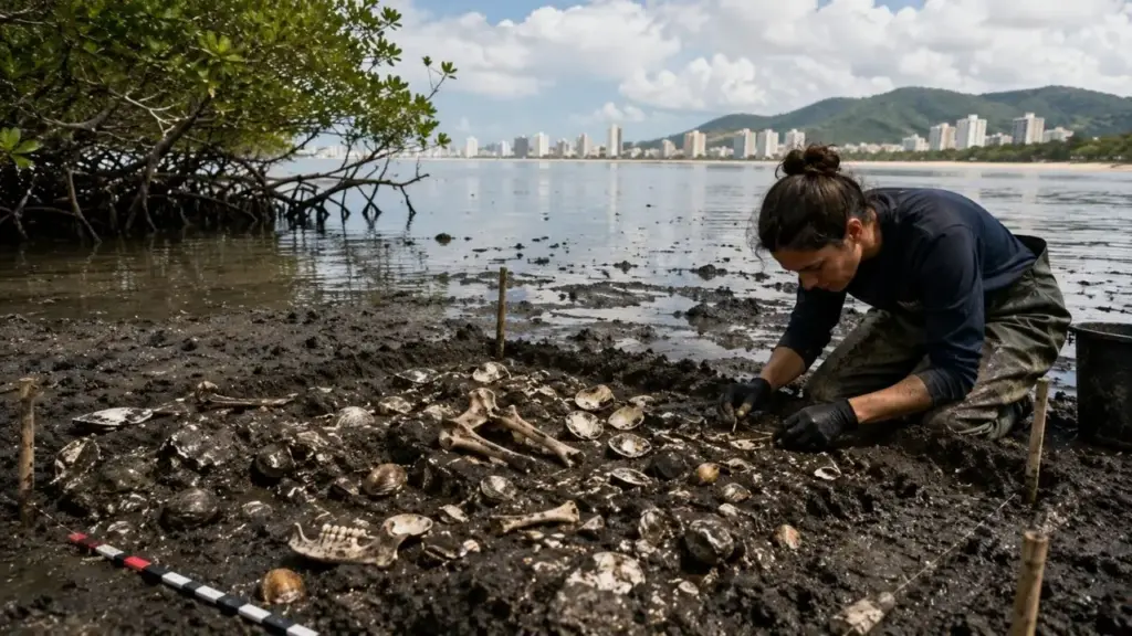 Debaixo do litoral de São Paulo, sambaquis com até 8 mil anos permaneceram escondidos após o avanço do mar cobrir antigos assentamentos, mas a lama dos manguezais preservou conchas, ossos e ferramentas que hoje ajudam arqueólogos a reconstruir como populações originárias viviam, se alimentavam e ocupavam a costa brasileira há milhares de anos