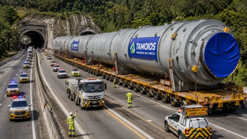 Depois de um estator de 517 toneladas, Tamoios recebe um gigante ainda maior de 845 toneladas e 138 metros, fecha túneis da Serra Nova para a passagem, mobiliza escolta e bloqueios e prepara a travessia final até o Porto de São Sebastião com interdição do Contorno Sul