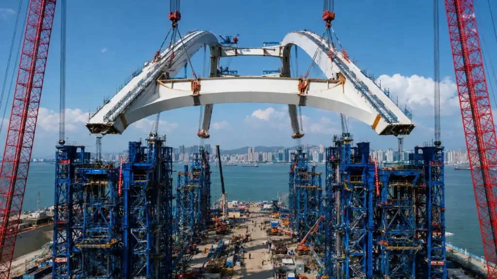 China monta no chão parte de um arco de ponte de 10.400 toneladas e depois ergue toda a estrutura a 30 metros de altura para encaixá-la com precisão de 2 milímetros China monta no chão parte de um arco de ponte de 10.400 toneladas e depois ergue toda a estrutura a 30 metros de altura para encaixá-la com precisão de 2 milímetros