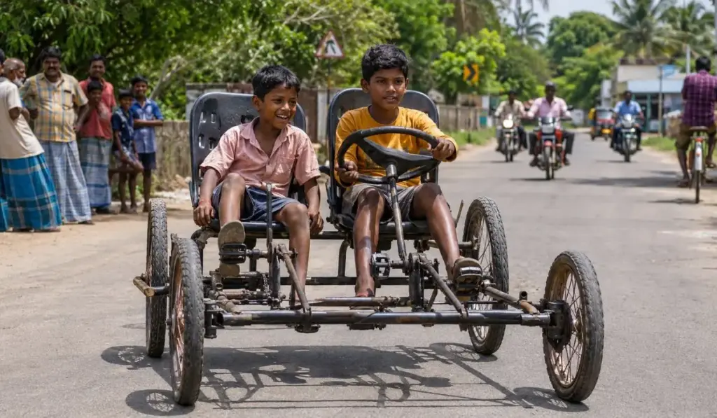 Aos 14 anos, menino recolheu cadeiras quebradas, pneus velhos e câmaras descartadas, passou um mês transformando sucata numa bicicleta de quatro rodas com volante e dois sistemas de pedal e saiu pela aldeia levando o primo no banco ao lado, até sua criação virar atração entre os moradores