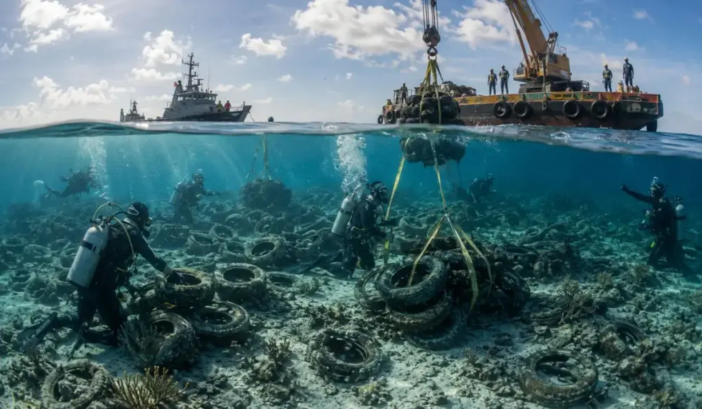 Há mais de meio século, quase 2 milhões de pneus foram jogados no oceano para criar um paraíso para peixes, mas as amarras se romperam, a borracha se espalhou pelo fundo do mar, esmagou corais e obrigou mergulhadores, militares e guindastes a enfrentar a limpeza de um dos maiores erros ambientais da história Há mais de meio século, quase 2 milhões de pneus foram jogados no oceano para criar um paraíso para peixes, mas as amarras se romperam, a borracha se espalhou pelo fundo do mar, esmagou corais e obrigou mergulhadores, militares e guindastes a enfrentar a limpeza de um dos maiores erros ambientais da história