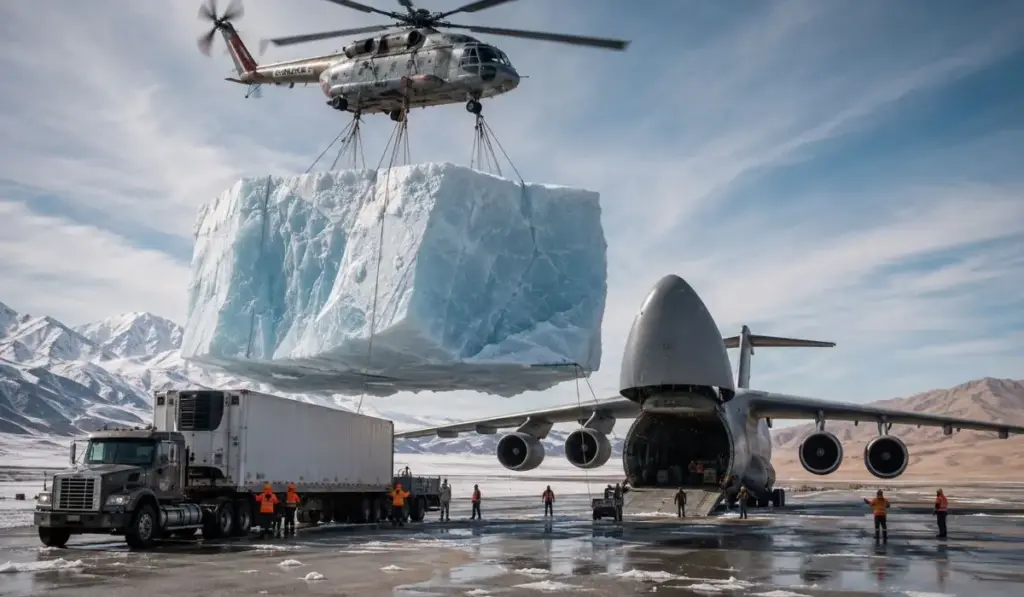 Levar icebergs gigantes aos desertos parecia loucura, mas um bloco de gelo saiu do Alasca, atravessou milhares de quilômetros de helicóptero, avião e caminhão refrigerado e virou teste de um plano para matar a sede dos países mais secos do mundo