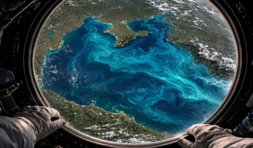 Vista do espaço, uma imagem do satélite da NASA mostra o Mar Negro deixando de parecer negro e surgindo tomado por gigantescas faixas azul-turquesa, criadas por bilhões de organismos microscópicos que tingiram a superfície e desenharam redemoinhos visíveis em órbita