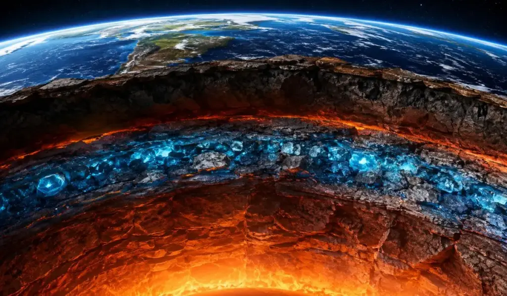A 660 km sob nossos pés, a Terra pode esconder em suas rochas água equivalente a até três oceanos, uma reserva colossal aprisionada em minerais sob pressão extrema que transforma o manto em uma gigantesca esponja planetária sem formar um único mar líquido