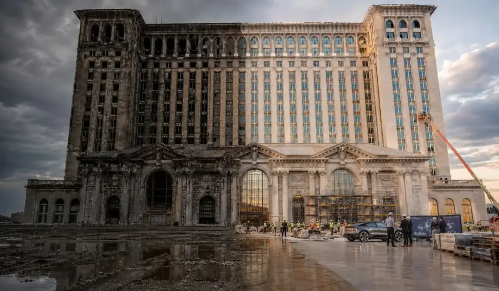 Depois que o último trem partiu em 1988, uma gigantesca estação de 18 andares foi saqueada, inundada e apodreceu até virar símbolo da decadência de Detroit, mas a Ford mobilizou 3.100 trabalhadores, retirou 3,5 milhões de galões de água, restaurou 8 milhões de tijolos em um projeto de mais de US$ 900 milhões e a transformou no centro onde pretende criar os carros do futuro
