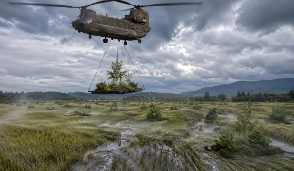 Helicóptero gigante suspende 90 ilhas de floresta com 450 plantas vivas e as despeja sobre pântano sufocado por espécie invasora nos EUA para iniciar uma impressionante ofensiva verde e tentar ressuscitar a vegetação nativa