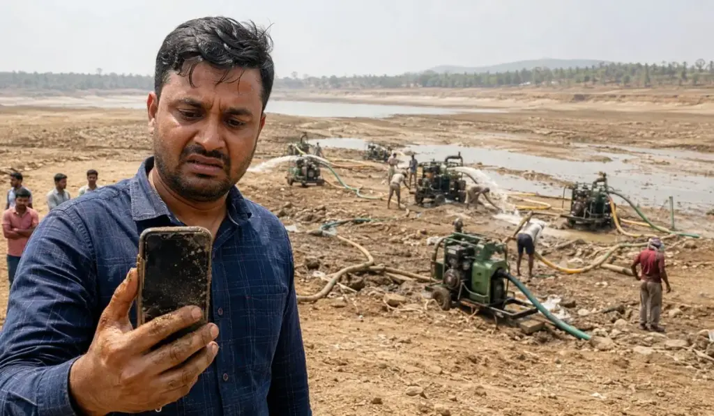Após perder um celular durante uma selfie, servidor do governo indiano chamou mergulhadores e, quando eles falharam, colocou bombas a diesel para trabalhar por três dias, drenou mais de 2 milhões de litros de água suficientes para irrigar uma área equivalente a quase 850 campos de futebol e, no fim, recuperou o aparelho completamente inutilizado Após perder um celular durante uma selfie, servidor do governo indiano chamou mergulhadores e, quando eles falharam, colocou bombas a diesel para trabalhar por três dias, drenou mais de 2 milhões de litros de água suficientes para irrigar uma área equivalente a quase 850 campos de futebol e, no fim, recuperou o aparelho completamente inutilizado