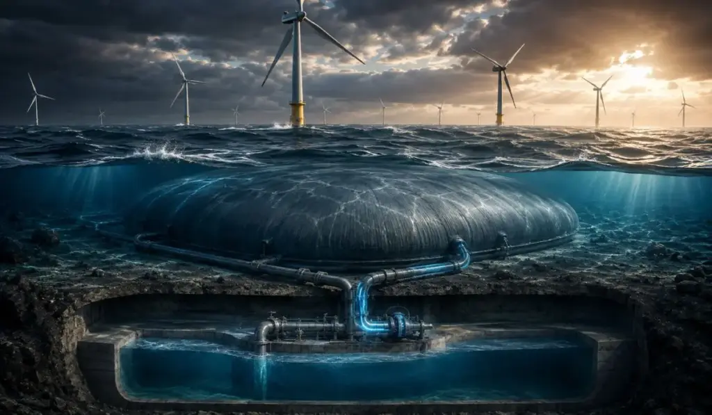 Engenheiros querem enterrar reservatório de concreto com até 20 milhões de litros sob o fundo do mar e conectá-lo a uma bexiga gigante que será espremida pela pressão do oceano para armazenar eletricidade Engenheiros querem enterrar reservatório de concreto com até 20 milhões de litros sob o fundo do mar e conectá-lo a uma bexiga gigante que será espremida pela pressão do oceano para armazenar eletricidade