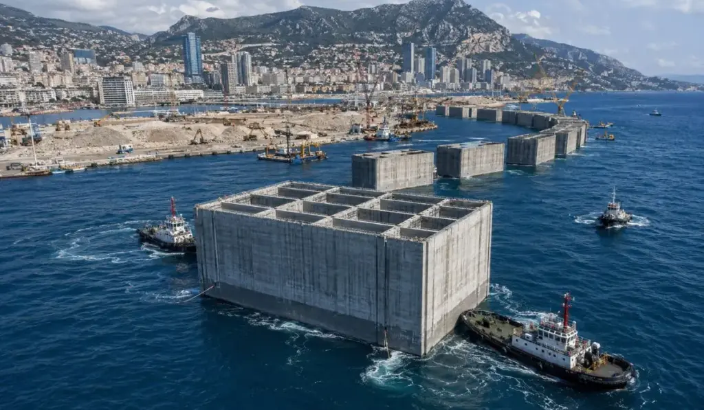 Mônaco afundou 18 caixões colossais de concreto de 10 mil toneladas e 26 metros de altura no Mar Mediterrâneo, despejou milhões de toneladas de material atrás deles e fabricou do zero um novo bairro de luxo onde antes só existia água