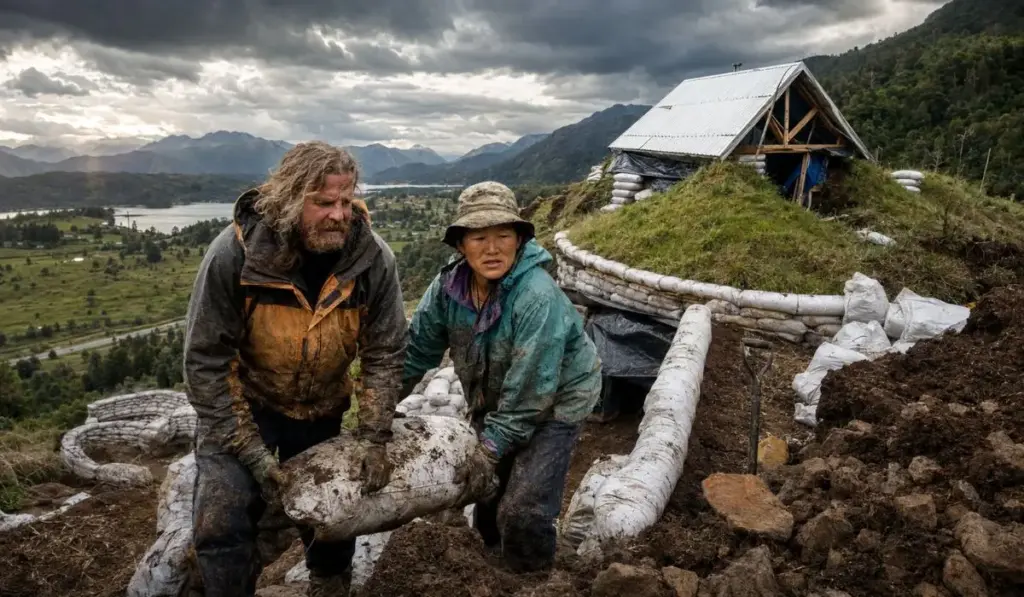 Casal retira 500 toneladas de terra do próprio terreno, carrega tudo à mão por uma encosta de 150 metros e enche cerca de mil sacos para erguer na Patagônia uma casa enterrada na paisagem, com paredes duplas, teto vivo e pedra vulcânica Casal retira 500 toneladas de terra do próprio terreno, carrega tudo à mão por uma encosta de 150 metros e enche cerca de mil sacos para erguer na Patagônia uma casa enterrada na paisagem, com paredes duplas, teto vivo e pedra vulcânica