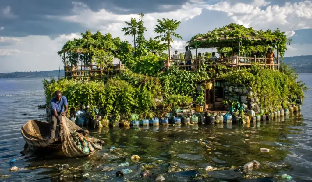 Ao ver o Lago Vitória sufocado por garrafas, tambores e plástico, homem recolhe mais de 10 toneladas de lixo e transforma a poluição em uma impressionante ilha flutuante com jardim, capaz de receber até 100 pessoas sobre a água