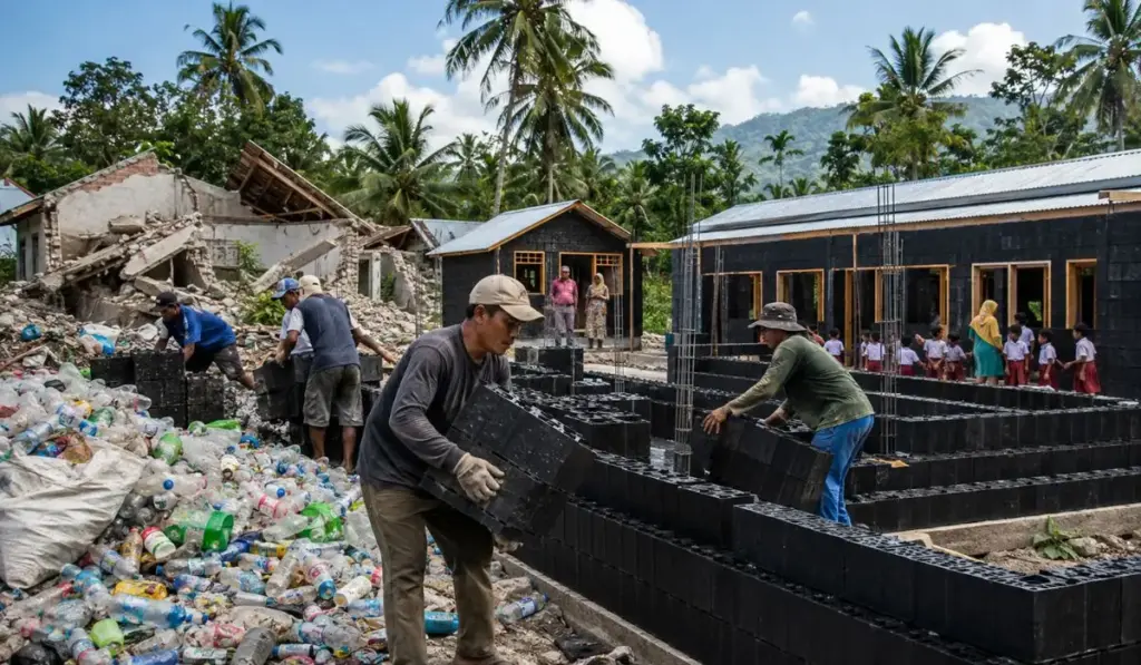 Depois que terremotos deixaram vilarejos em ruínas e milhares de crianças sem sala de aula em Lombok, a Indonésia passou a recolher plástico descartado, transformar o lixo em grandes blocos de encaixe e reconstruir casas e escolas em apenas seis dias, sem esperar meses por tijolos e cimento