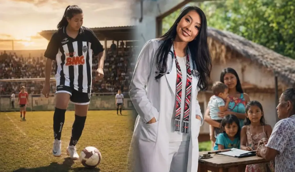 Aos 16 anos, jovem indígena guarani-kaiowá brilhava no Atlético-MG e sonhava com a Seleção Brasileira, mas abriu mão dos gramados para estudar Medicina, formou-se anos depois e voltou para a própria aldeia como a primeira médica de seu povo, atendendo famílias que a viram crescer Aos 16 anos, jovem indígena guarani-kaiowá brilhava no Atlético-MG e sonhava com a Seleção Brasileira, mas abriu mão dos gramados para estudar Medicina, formou-se anos depois e voltou para a própria aldeia como a primeira médica de seu povo, atendendo famílias que a viram crescer