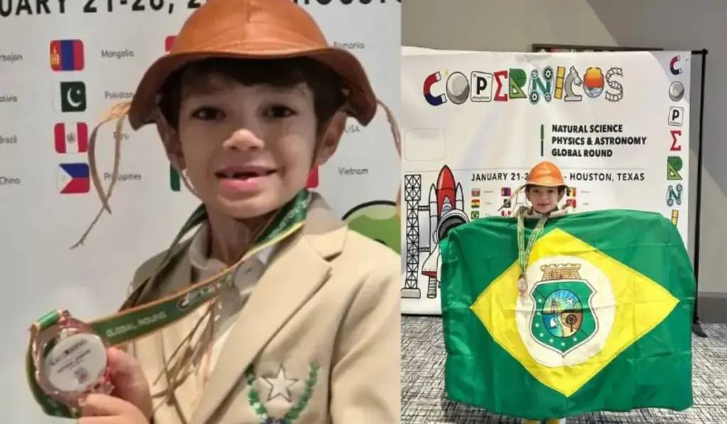 Aos 8 anos e ainda sem os dentes da frente, menino superdotado de escola pública rural do Ceará enfrenta prova internacional de química, física, biologia e astronomia nos EUA, conquista medalha de bronze e desce do palco chorando de alegria, com a bandeira do Ceará nas mãos, ao representar o Brasil diante de estudantes do mundo inteiro