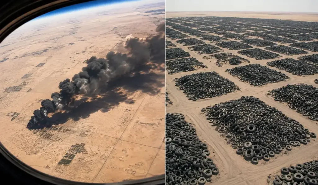 Kuwait enterrou dezenas de milhões de pneus no deserto até criar uma cicatriz negra tão gigantesca que podia ser vista do espaço, enfrentou incêndios, retirou cerca de 42 milhões de pneus e decidiu transformar o antigo cemitério em terreno para 25 mil casas