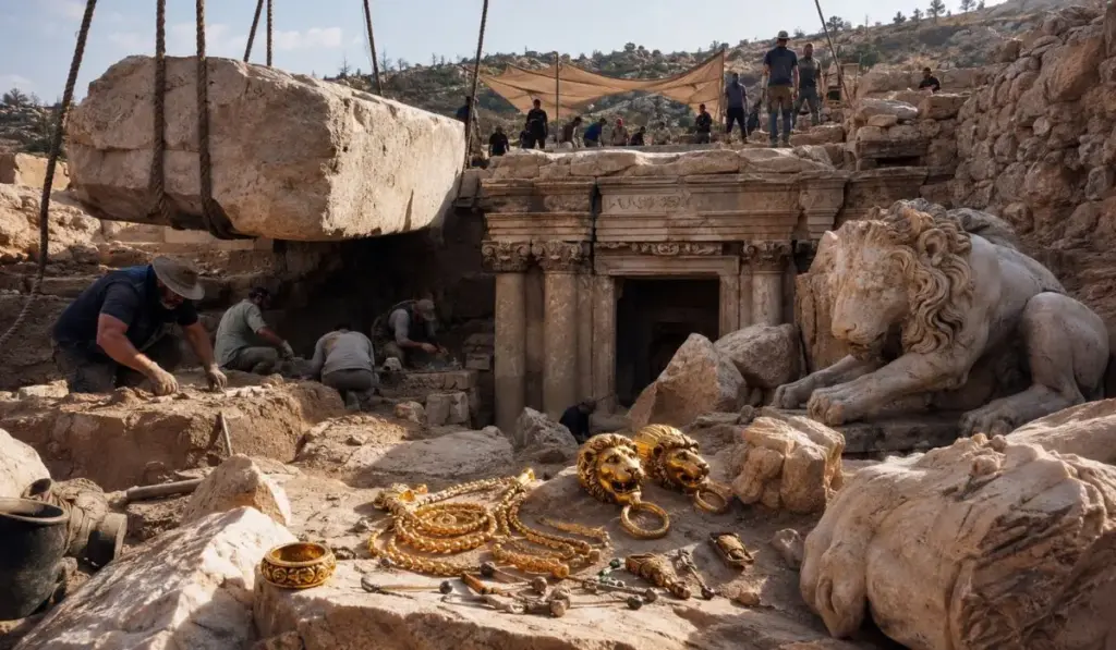 Arqueólogos retiram enormes blocos de pedra na Grécia e encontram tesouros mais antigos que Jesus, enterrados há mais de 2.300 anos, com joias de ouro, leões de mármore, tumbas de pessoas poderosas e um monumento dedicado a uma figura misteriosa que ninguém ainda conseguiu identificar