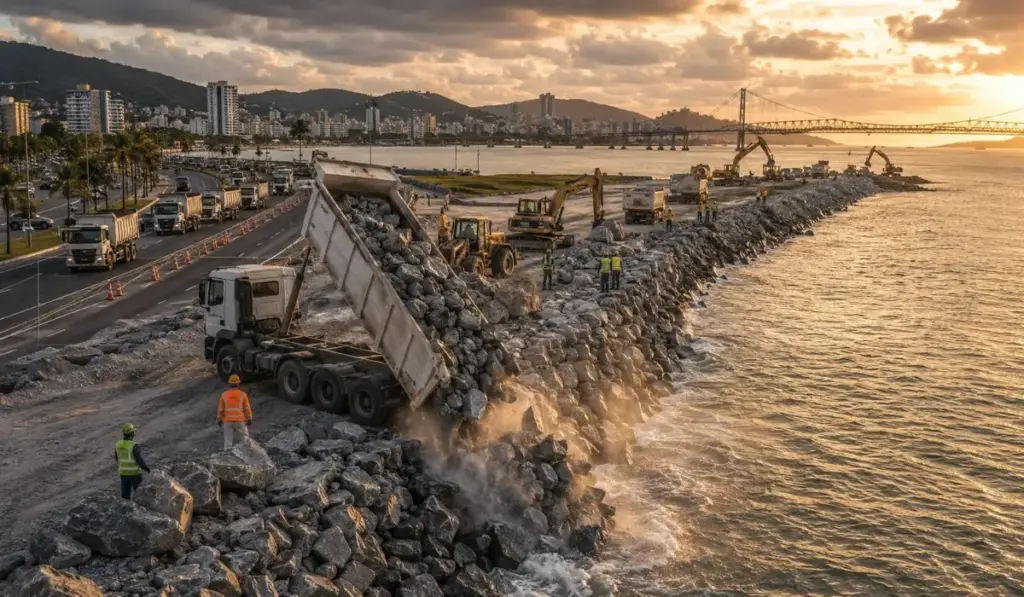Brasil despeja 27 mil toneladas de rocha no mar em apenas 30 dias, avança 405 metros sobre a água e ergue em Florianópolis uma muralha de pedra de 4,5 metros que será a base de um novo parque público de 140 mil m², enquanto uma operação especial tenta impedir que o vai e vem de caminhões trave a Beira-Mar
