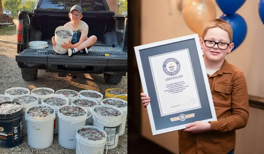 Aos 10 anos, garoto passa um ano inteiro juntando lacres de latinhas que quase todo mundo joga fora, chega a impressionantes 6,2 milhões de unidades e 1,65 tonelada de alumínio, transforma a reciclagem em equipamentos para pessoas com deficiência e descobre numa festa surpresa que havia quebrado um recorde mundial