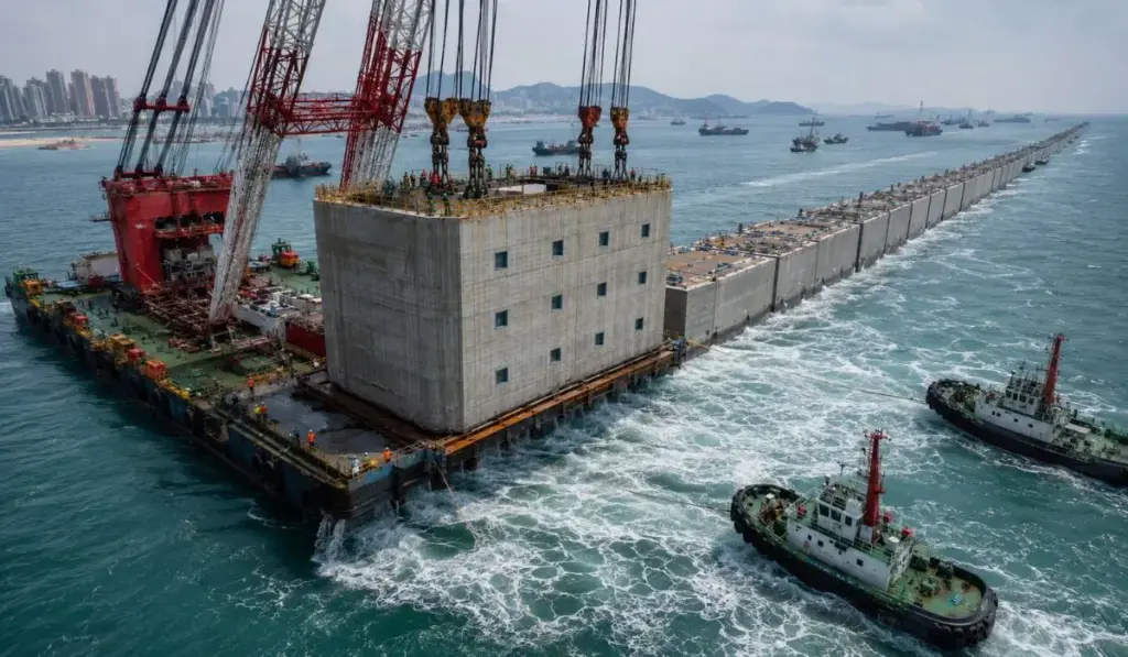 China vai afundar 34 “prédios de concreto” de 3.500 toneladas cada no mar, leva estruturas de até 5 andares em diques flutuantes e começa a montar uma muralha submarina de 675 metros com precisão centimétrica