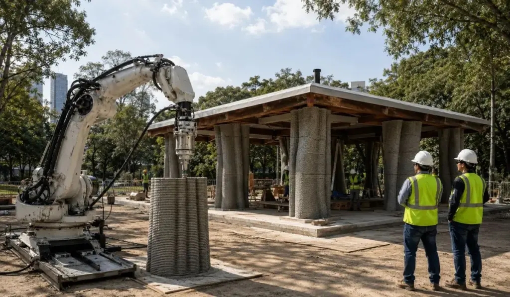 Engenheiros brasileiros transformam robô industrial em impressora gigante de concreto e erguem no Ibirapuera uma casa experimental com pilares inspirados na bananeira, impressos em 3D, ocos e capazes de dispensar fôrmas e usar cerca de 70% menos material