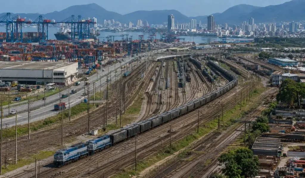 Brasil prepara acesso ao Porto de Santos para trens gigantes de até 2,4 km e 140 vagões após pacote de R$ 2 bilhões que criou seis pátios, mexeu em mais de 90 km de trilhos e instalou 126 aparelhos de mudança de via na Baixada Santista Brasil prepara acesso ao Porto de Santos para trens gigantes de até 2,4 km e 140 vagões após pacote de R$ 2 bilhões que criou seis pátios, mexeu em mais de 90 km de trilhos e instalou 126 aparelhos de mudança de via na Baixada Santista