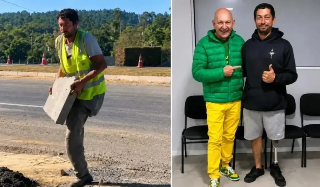Depois de perder uma perna aos 16 anos, pedreiro continua trabalhando em obras apoiado sobre o próprio corpo, viraliza em vídeo que emociona Luciano Hang e ganha do empresário uma prótese de R$ 80 mil considerada a “Ferrari das próteses”